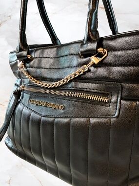 Christian Siriano Black Quilted Tote with Gold Chain Detail